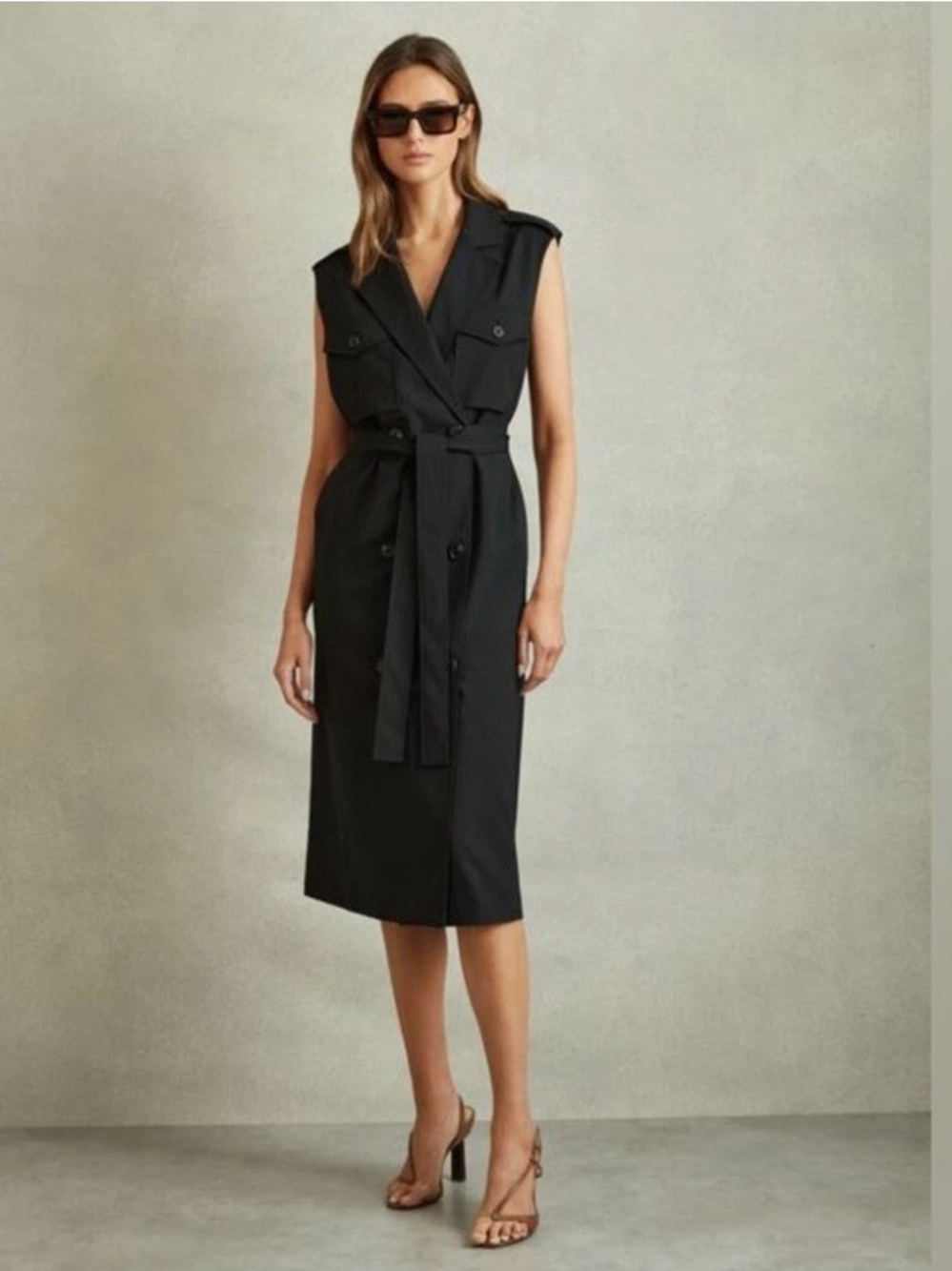 Brand New Reiss Kimora Black Sleeveless Wool Rich Blend Trench Dress, US Size: 6
